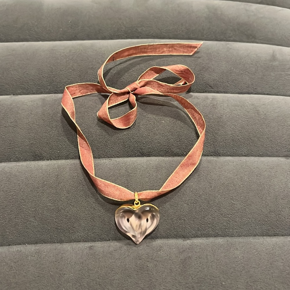 LALIQUE crystal entwined heart necklace pendant w/ silk ribbon choker pink gold
